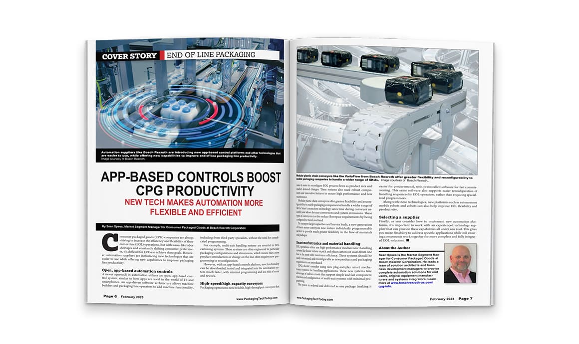 Packaging World magazine spread on Bosch Rexroth app-based controls that improve flexibility and productivity in CPG packaging.