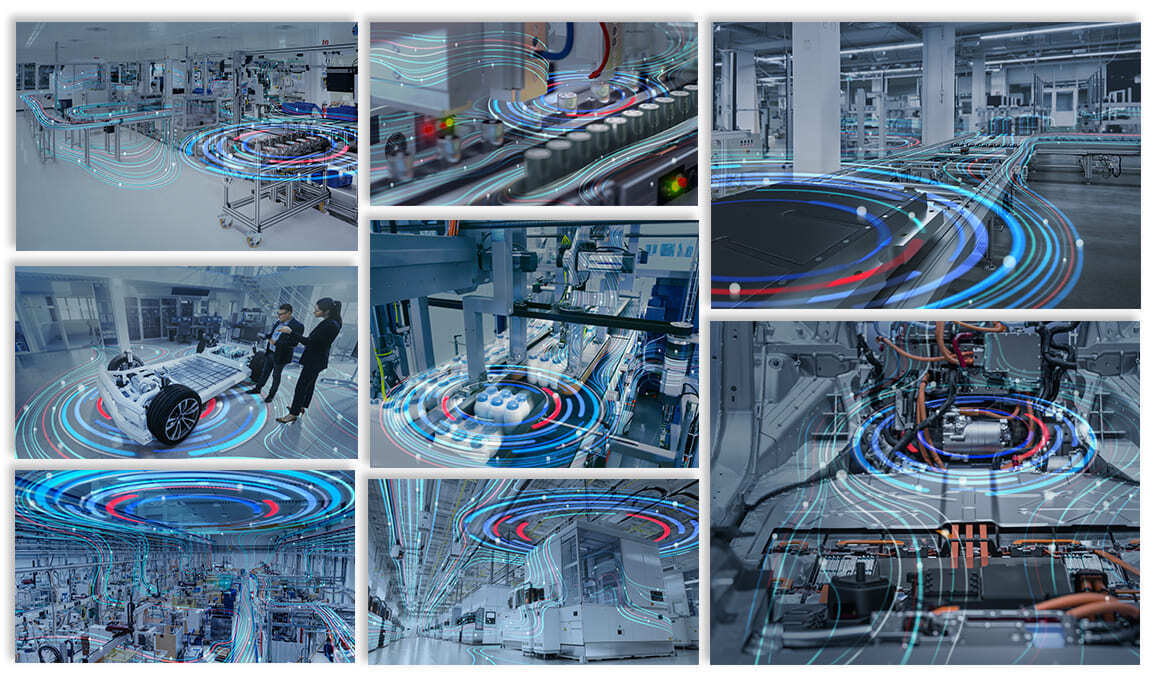 Collage of factory automation and electric vehicle production scenes enhanced with flowing blue and red digital motion graphics.