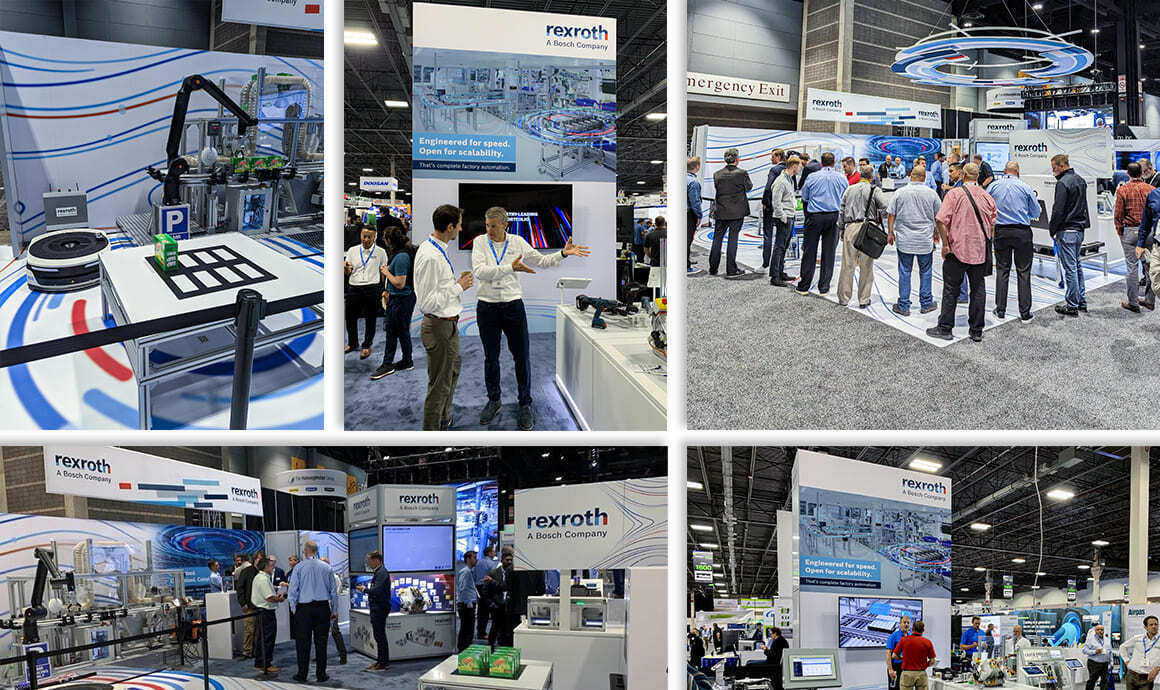 Collage of Bosch Rexroth trade show displays featuring factory automation equipment, demonstrations and attendees exploring the booth.