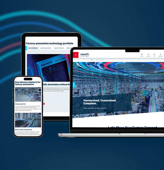 Bosch Rexroth factory automation website shown across laptop, tablet and smartphone screens, highlighting a responsive digital experience.