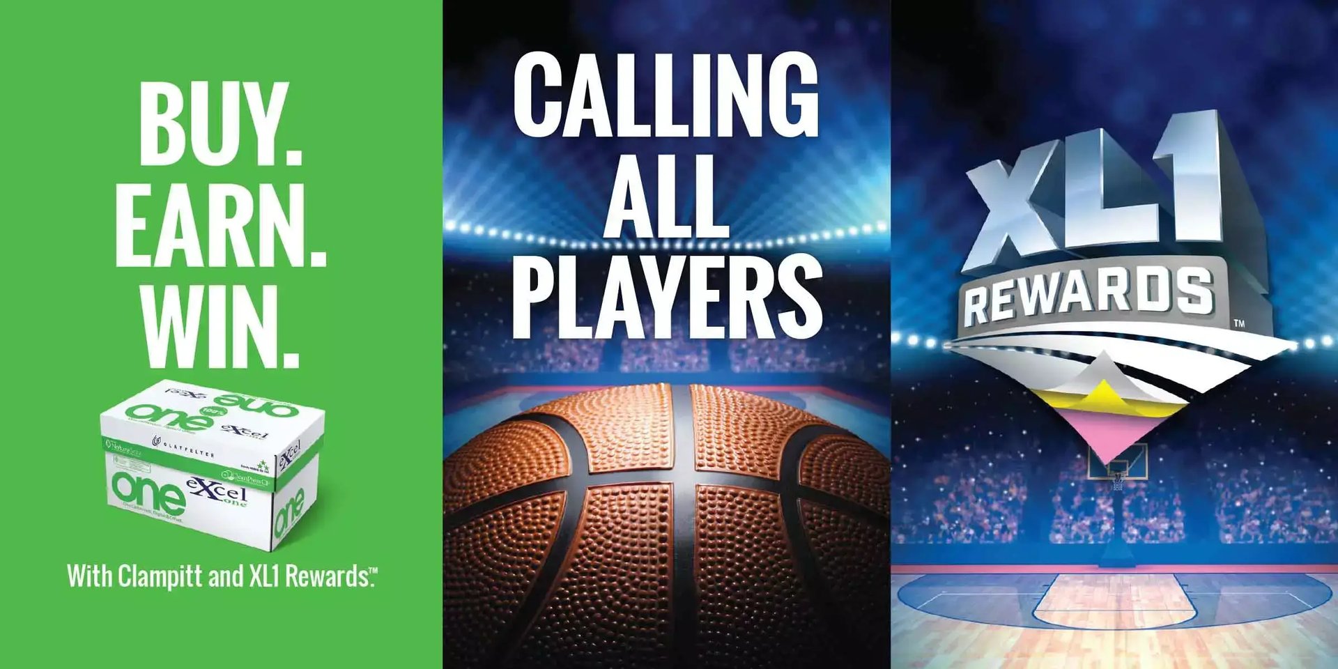 Glatfelter XL1 Rewards campaign features basketball imagery, product packaging and bold messaging promoting the customer rewards program.