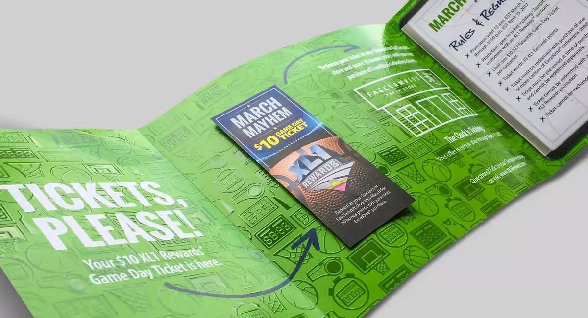 Glatfelter XL1 Rewards promotional mailer features a March Mayhem game day ticket and basketball-themed customer rewards messaging.