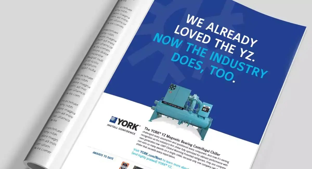 YORK YZ product launch creative showcases the Johnson Controls centrifugal chiller through bold campaign imagery.