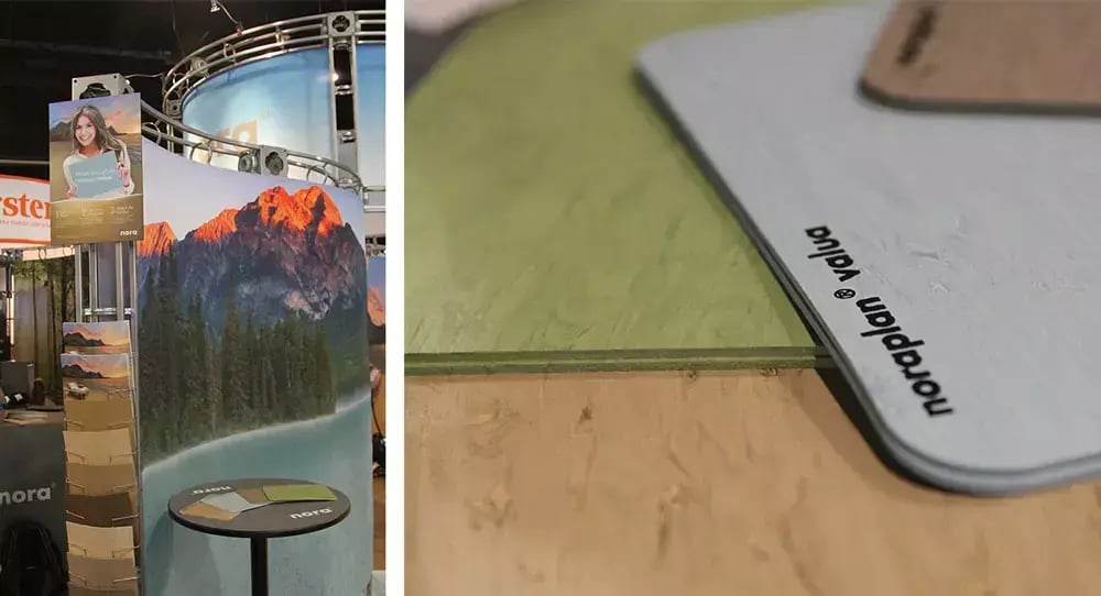 nora trade show display pairs mountain imagery with noraplan valua flooring samples to showcase nature-inspired healthcare design.