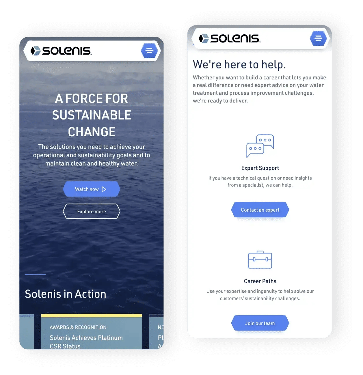 Two smartphones display the Solenis mobile website with sustainability, expert support and career content.
