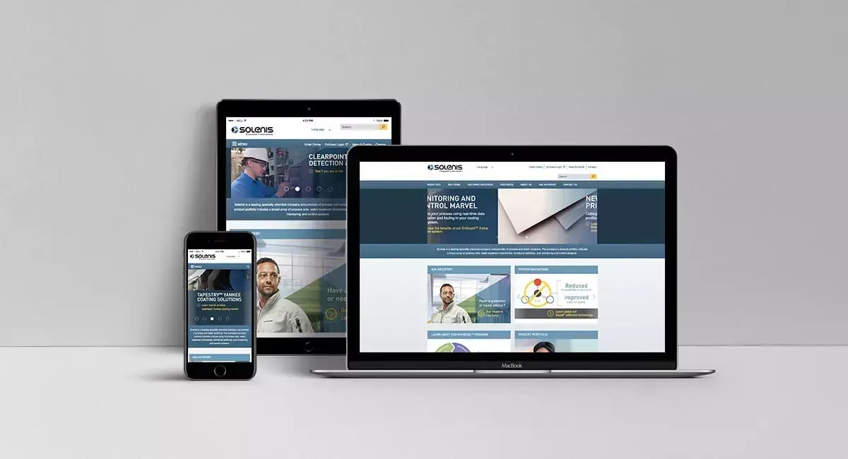 Solenis website displayed across a smartphone, tablet and laptop, demonstrating the responsive digital experience created for the new brand.