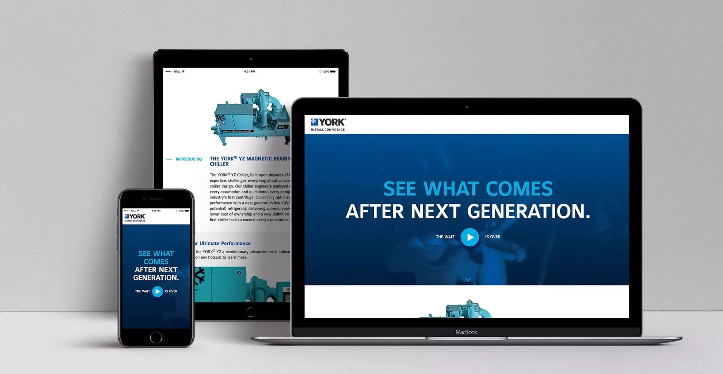 YORK YZ chiller website displayed across a laptop, tablet and smartphone with product launch messaging.