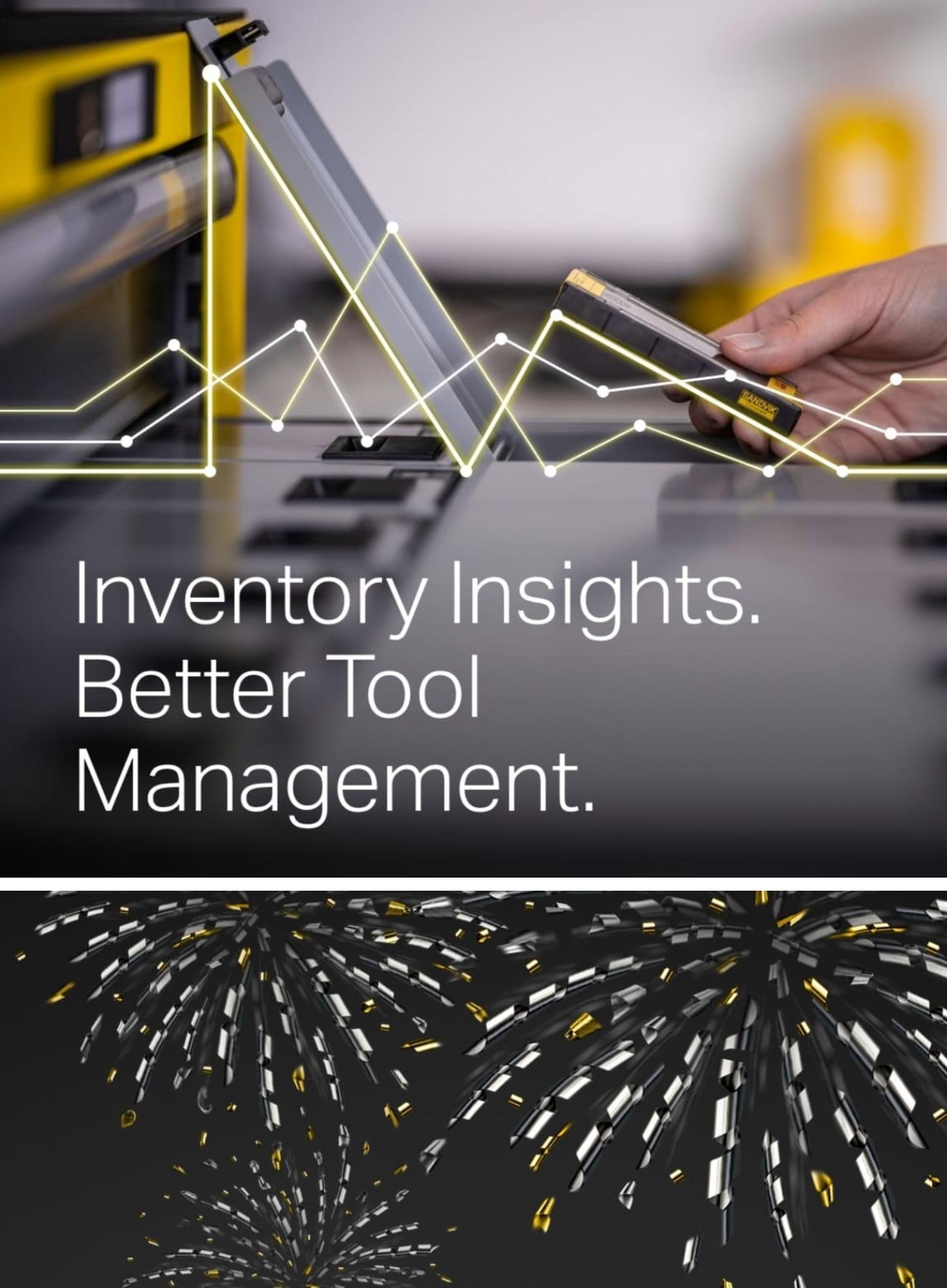 Inventory Insights graphic shows a hand scanning a cutting tool, data lines and metallic shapes, highlighting better tool management.
