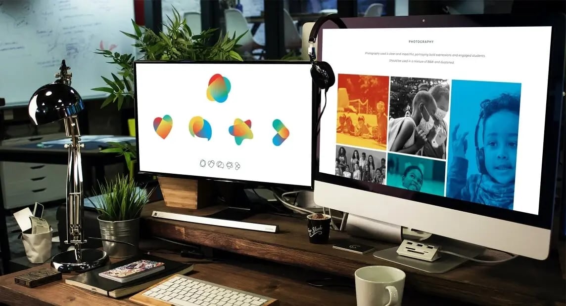 The Mix brand identity guide displayed on computer screens features colorful logo variations and photography guidelines focused on local youth.