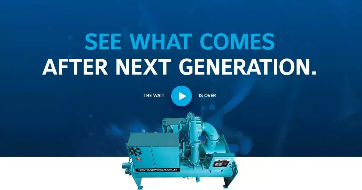 YORK YZ centrifugal chiller featured in digital campaign creative highlighting its innovative technology and design.