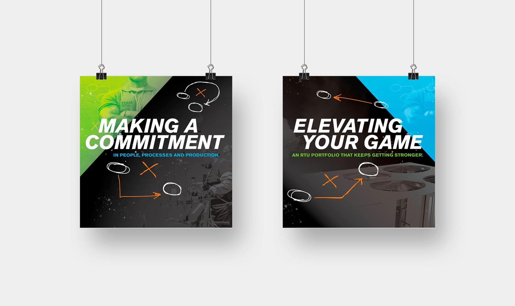 Two “Get in the Game” posters promoting commitment to people, processes and production and a stronger rooftop unit portfolio.