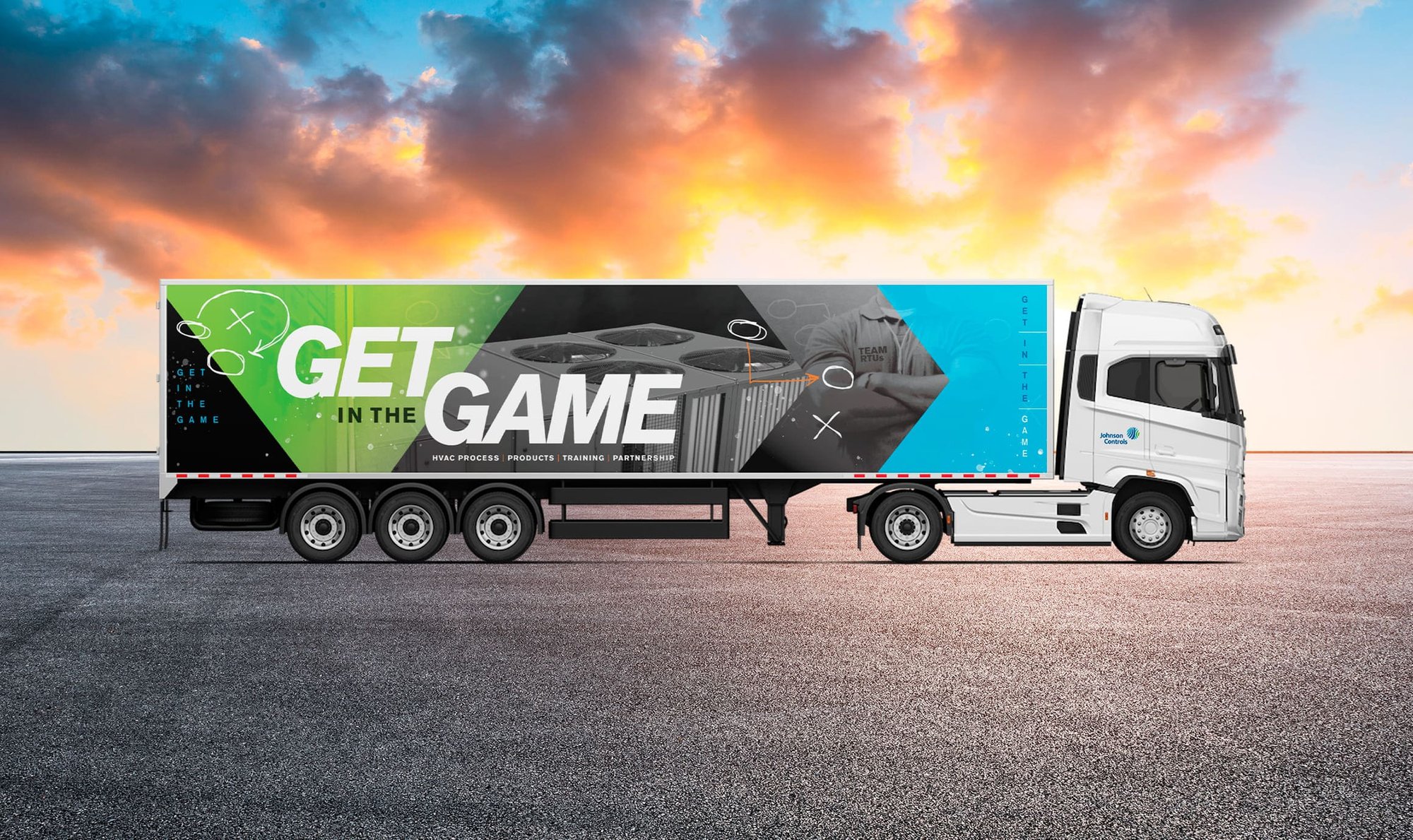Johnson Controls “Get in the Game” mobile training truck featuring HVAC products, process, training and partnership graphics.