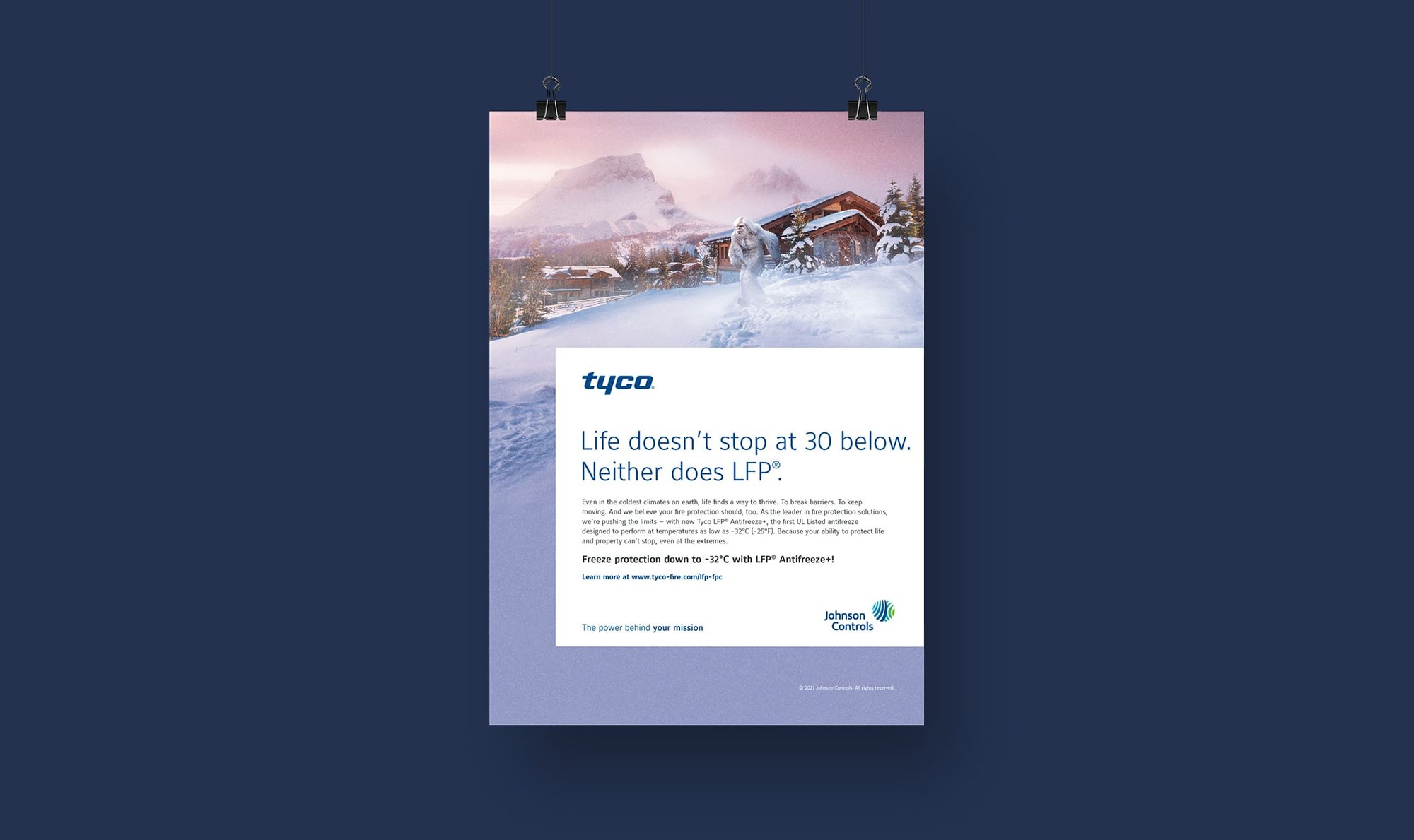 Tyco LFP Antifreeze poster features a yeti walking through deep snow and promotes fire protection down to -32°C.