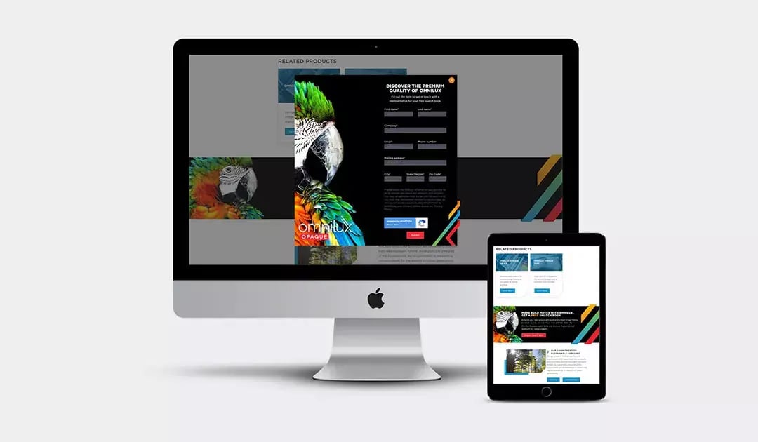 Desktop and tablet display the Omnilux website with colorful parrot imagery and a swatch book request form.