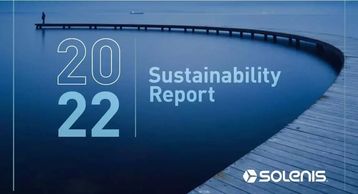 Cover of the Solenis 2022 Sustainability Report featuring a curved pier extending over calm blue water and the Solenis logo.