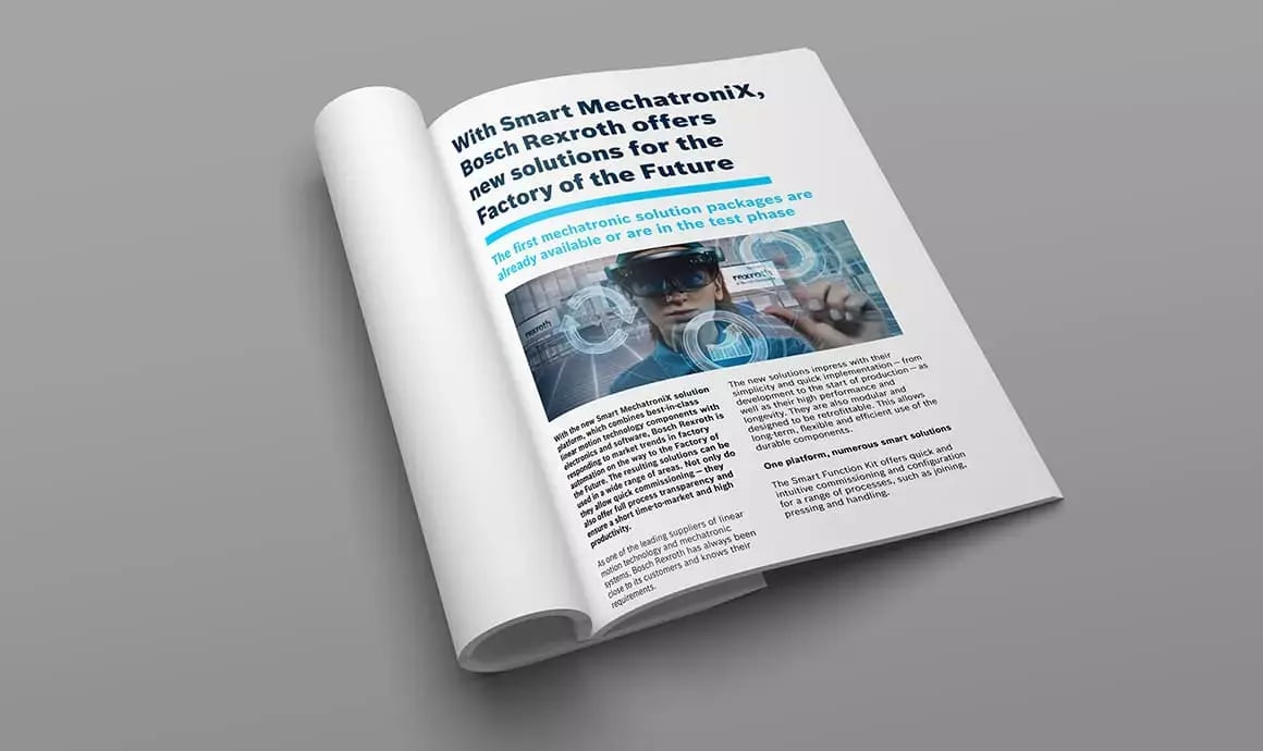 Open magazine features a Bosch Rexroth Smart MechatroniX article with factory automation technology imagery.