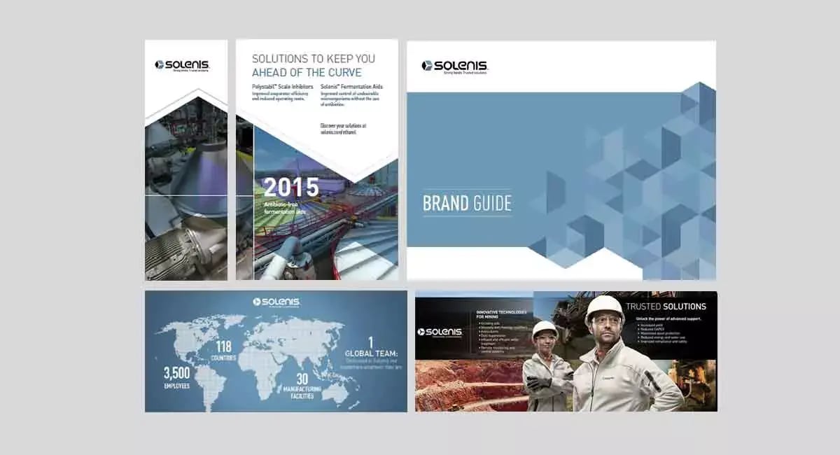 Solenis brand materials include a brand guide, product literature, global company infographic and industrial marketing campaign graphics.
