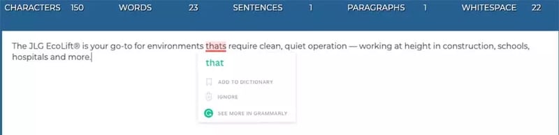 Text editor shows a 150-character JLG EcoLift description with Grammarly flagging “thats” and suggesting the correction “that.”