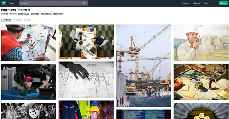 Pexels search results for “engineers,” showing stock photos of engineering teams, construction cranes, blueprints, and workers on job sites.