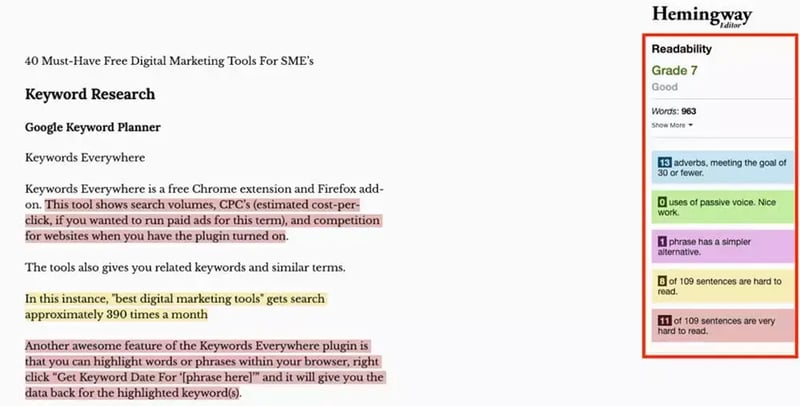 Hemingway Editor analyzes a digital marketing article, showing a Grade 7 readability score and color-coded suggestions for clearer writing.