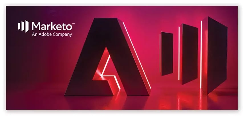 Marketo, an Adobe Company, logo beside a glowing red 3D Adobe-style “A” and vertical geometric panels on a dark magenta background.
