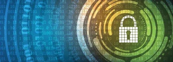 Digital padlock surrounded by binary code and concentric rings, representing cybersecurity, data protection, and secure digital systems.