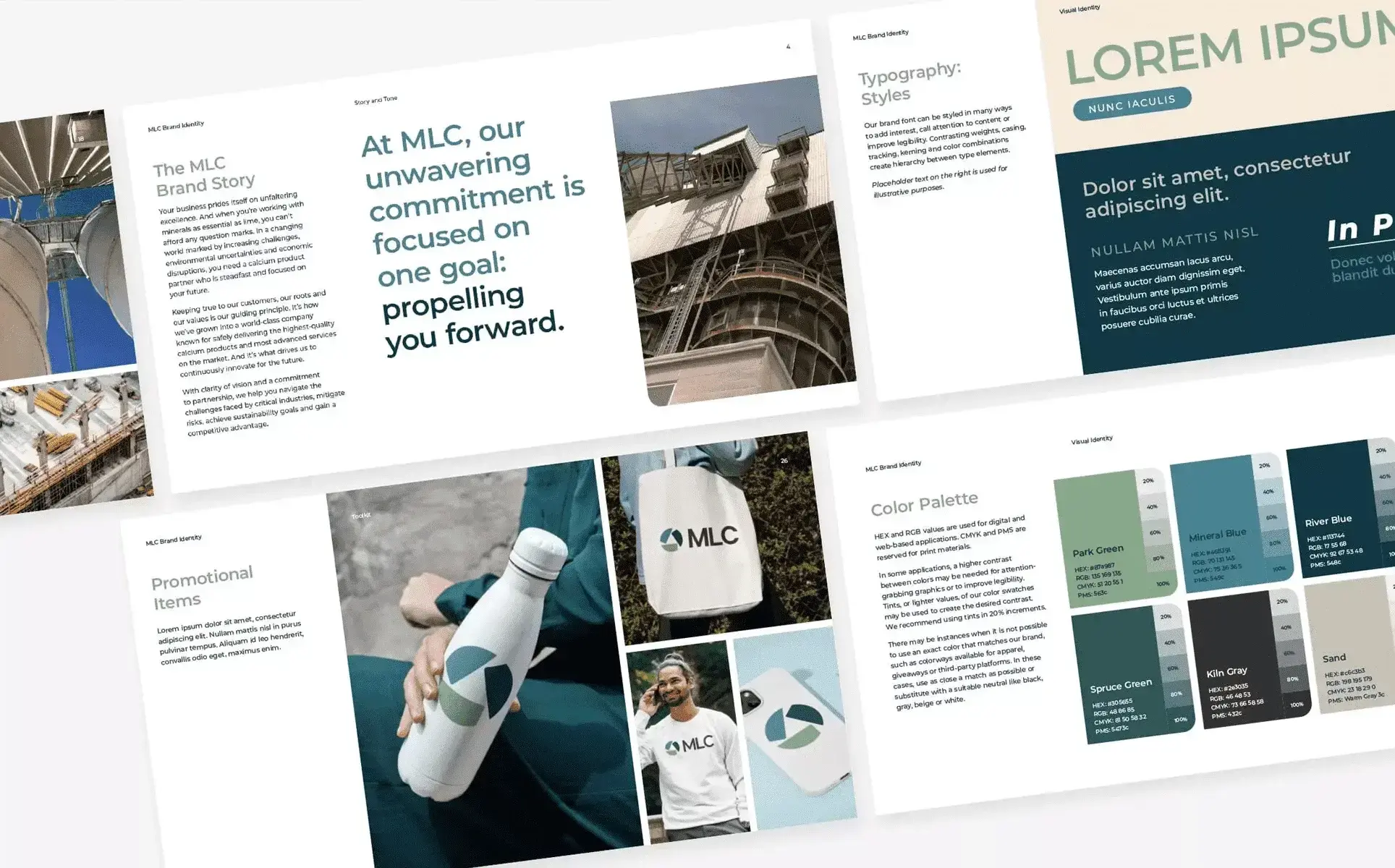 MLC brand identity guide showing brand story, typography, color palette and promotional applications across several sample pages.